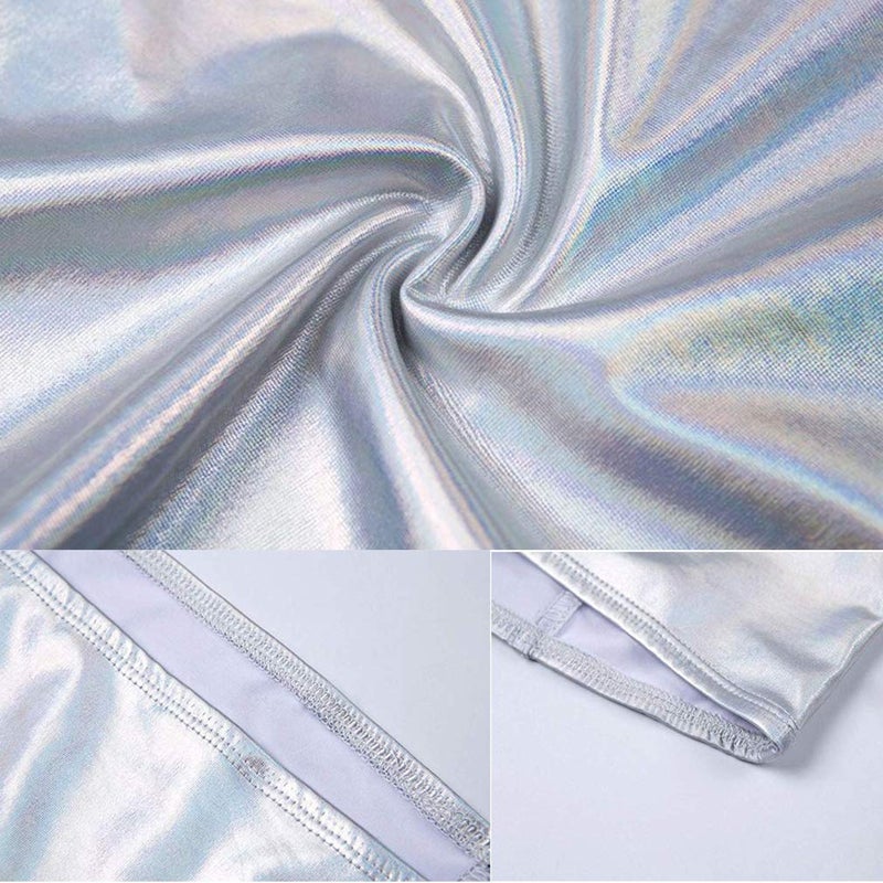 Fenyong Women's Metallic Shiny Off Shoulder Crop Top + Silver Skirt Two Piece Rave Outfits Set - Image 4